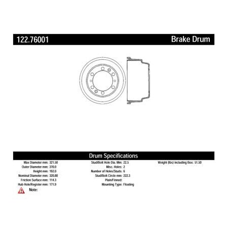 Centric Centric Premium Brake Drum, Centric Parts 122.76001 122.76001